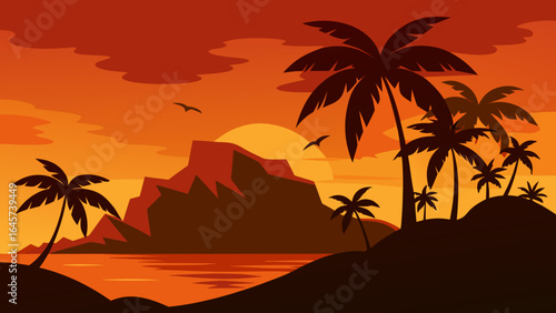 Silhouette Tropical Island with Palm Trees at Sunset a Serene View