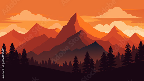 Mountain Range in Silhouette with Pine Trees and Warm Sunset Glow