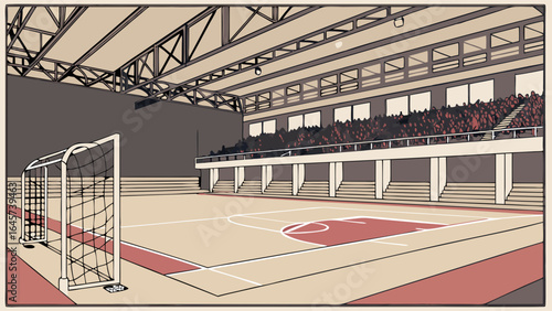 Indoor Sports Arena with Goal and Bleachers.