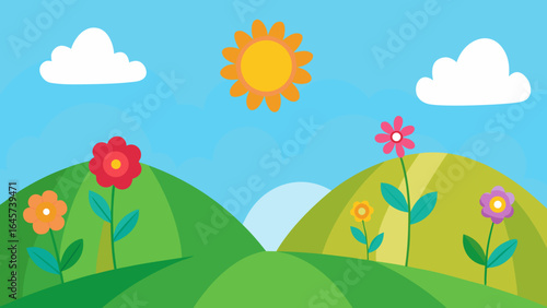 Simple Cartoon Hills with Colorful Flowers and a Clear Blue Sky