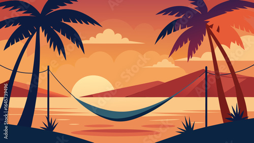 Palm Fringed Beach Sunset with a Hammock between Tropical Trees