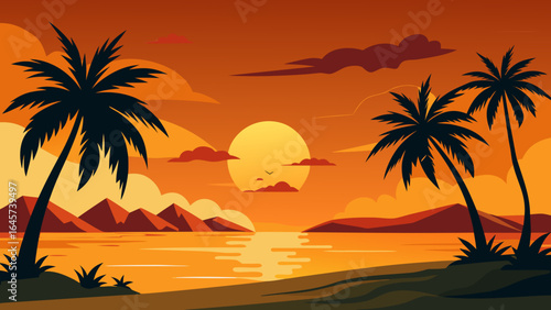 Tropical Beach Sunset with Silhouetted Palm Trees and Ocean