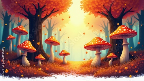 Vibrant autumn scene of orange mushrooms and falling leaves creates a whimsical, fantasy landscape.