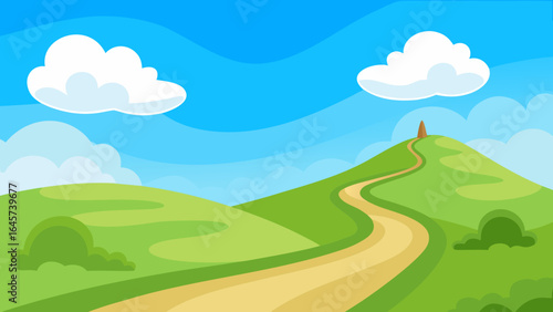 Cartoon Landscape with a Winding Dirt Path through Rural Fields