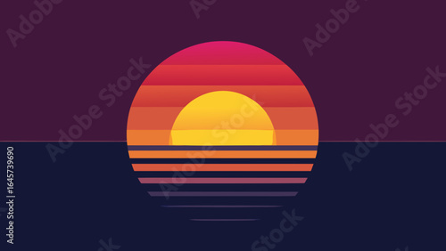 Flat Vector Sunset with a Glowing Sun and Serene Horizon Landscape