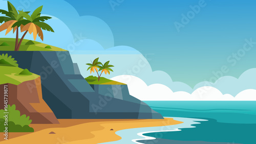 Flat Tropical Coastline featuring a Rocky Outcrop and Blue Ocean