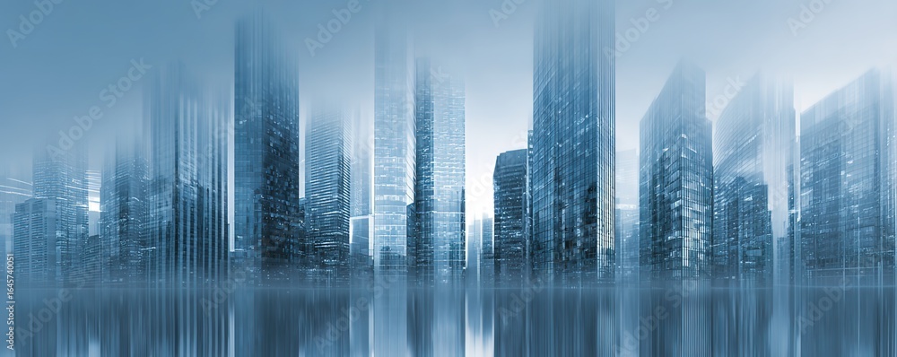 Fototapeta premium A hazy urban building complex scene with a strong sense of technology, suitable for promotional posters and backgrounds of technology companies and commercial complexes. 