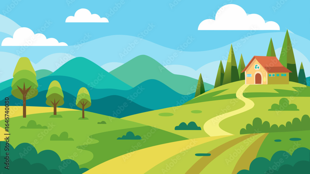 Fototapeta premium Cartoon Hilly Countryside with Rolling Green Meadows a Peaceful Vista