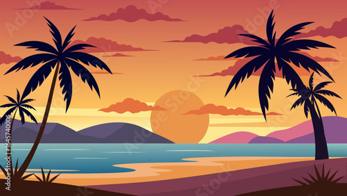 Sunset Beach with Palm Trees in Silhouette a Stunning Tropical View