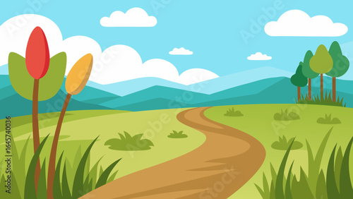 Cartoon Meadow featuring Tall Green Grass and a Serene Walking Path