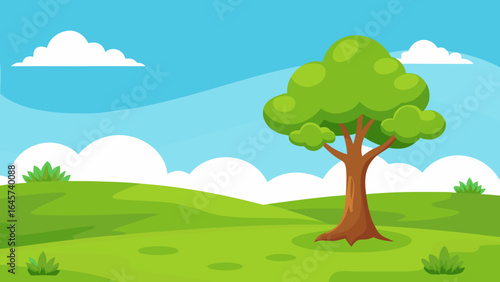 Cartoon Bright Grassy Plain featuring a Lone Tree and Clear Horizon