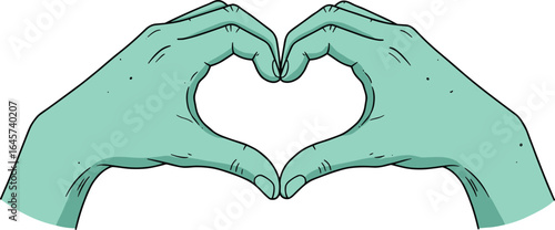 Zombie hands heart shape, green undead gesture, scary cartoon illustration, creepy monster art, spooky halloween love symbol, horror romantic vector design