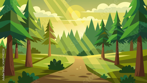 Cartoon Pine Forest Clearing bathed in Golden Sunlight a Tranquil Nature Scene