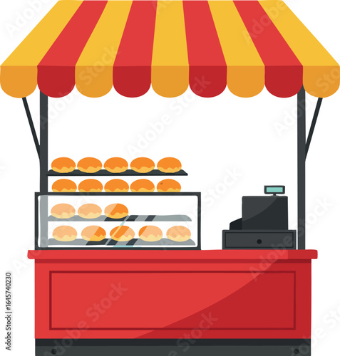 Market Stall with Red and Yellow Awning and Fresh Bread Display Vector Illustration 