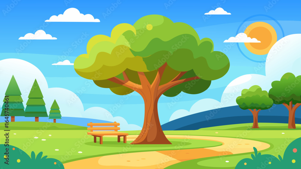 Fototapeta premium Cartoon Bright Sunny Park with a Large Oak Tree on Green Grass