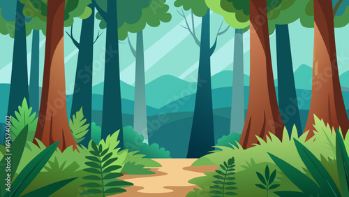 Cartoon Shady Forest with Ferns and Tall Tree Trunks Woodland