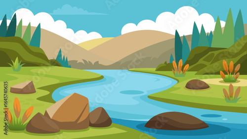 Cartoon Riverside with Wild Grass and River Rocks Scenic View