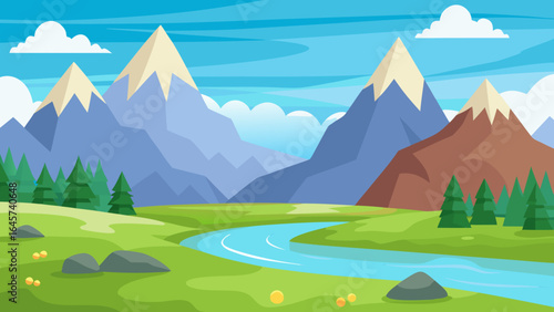 Cartoon Peaceful Valley with Distant Mountains in the Background