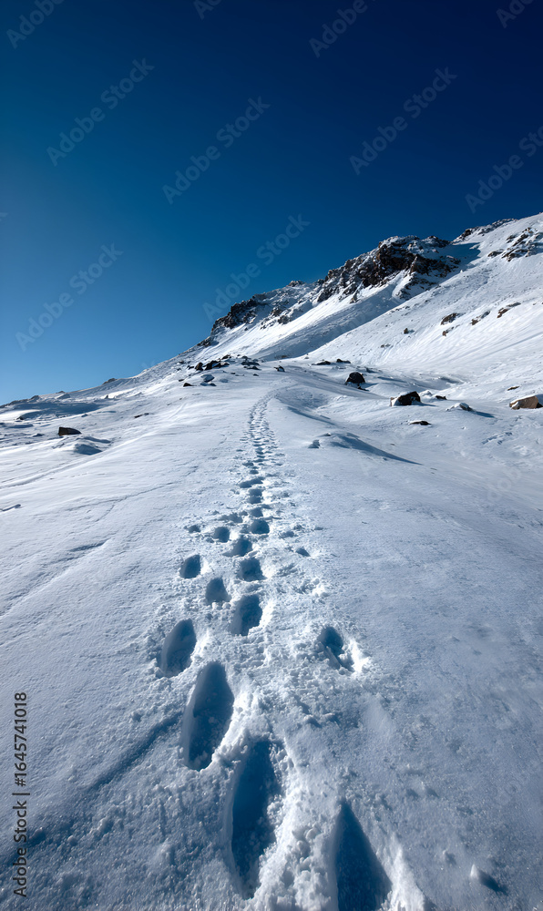 Obraz premium Footprints trace a snowy path leading to rocky mountain summit under a clear expansive blue sky creating a scenic winter landscape ideal for outdoor adventure and exploration theme