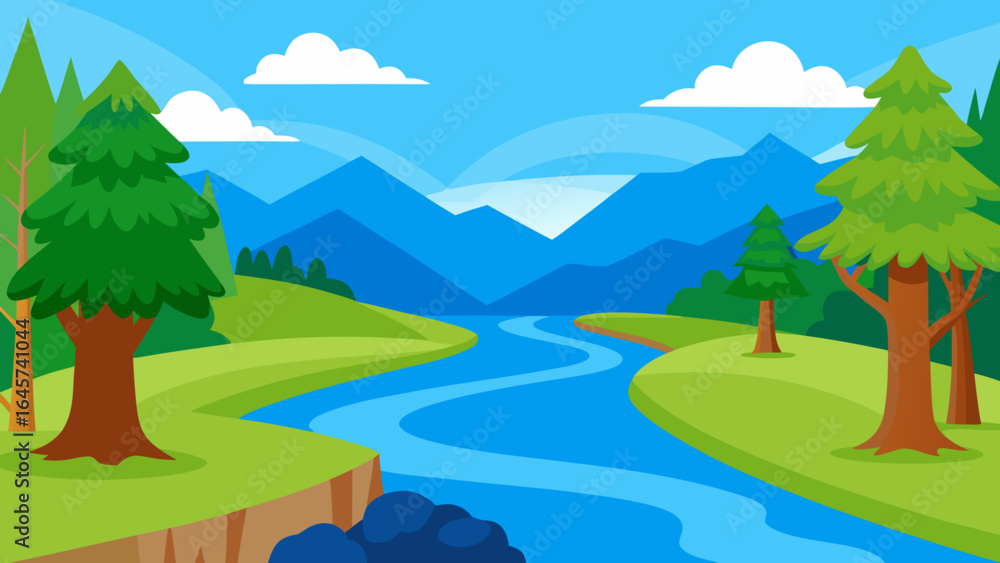 Obraz premium Cartoon Riverside Scene with Clear Blue Water and Lush Green Banks