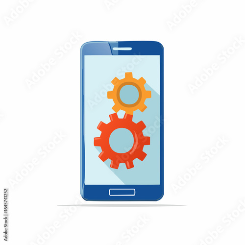 Illustartion graphics in flat design style. Graphics of gears on the screen of a mobile phone. Icon of repair and troubleshooting and settings.