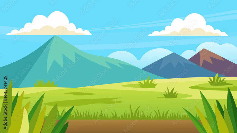 Fototapeta premium Cartoon Nature Scene with Grassy Plain Tall Grass and Blue Sky