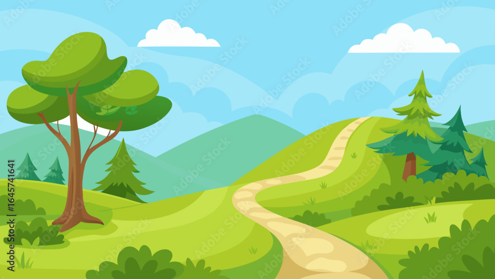 Obraz premium Cartoon Nature Path Winding Through Lush Green Hills Playful Landscape