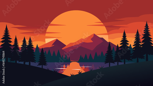 Stunning Sunset with a Silhouetted Pine Forest and Calm Lake