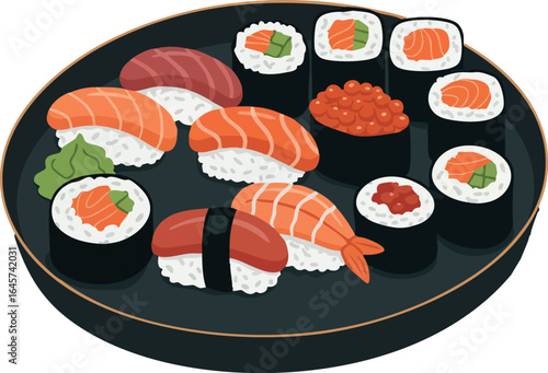 Sushi Platter with Nigiri and Maki Rolls in Black Dish Vector Illustration 