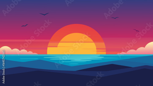 Beautiful Sunset with a Calm Ocean Horizon and Flying Birds