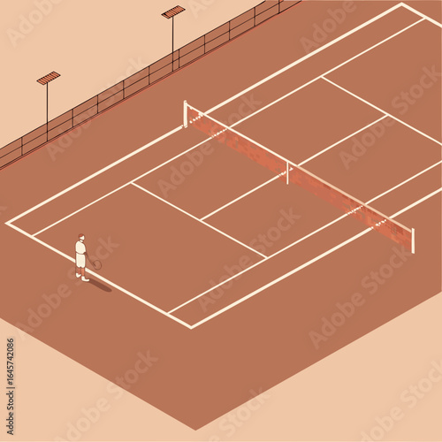Isometric View of a Tennis Court with Player and Net.