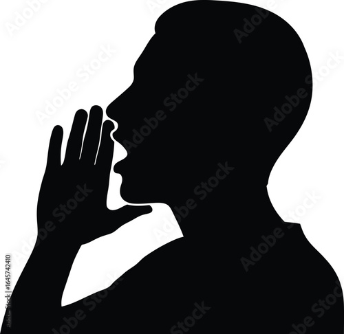 Silhouette of a man shouting with his hand near his mouth to amplify his voice and convey a message or announcement