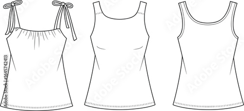 Set of three women’s summer tank tops, fashion illustration, sleeveless casual shirts, tied straps, plain design, vector clothing template, apparel drawing