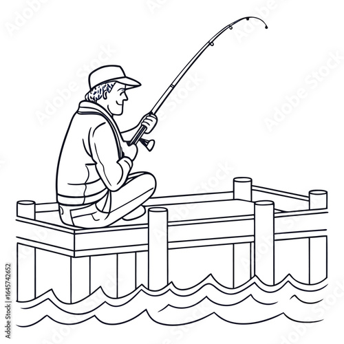 Elegant line art vector of a fisherman sitting on a dock with a fishing rod, ideal for logo designs, fishing club branding, or minimalist artwork.
