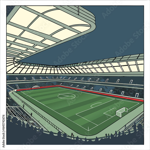 Modern Football Stadium with Green Field and Crowd.