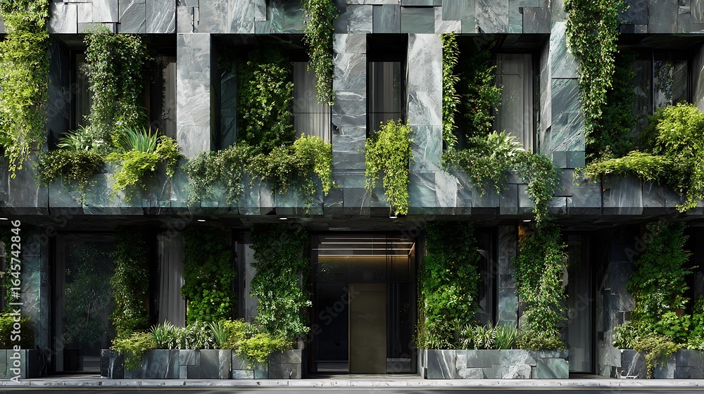Naklejka premium Modern Urban Building Design with Lush Greenery and Natural Elements