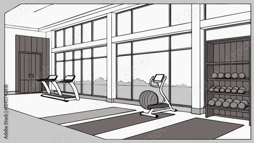 Modern Gym Interior with Exercise Equipment Illustration.