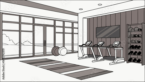 Modern Home Gym with Exercise Equipment and Scenic View.
