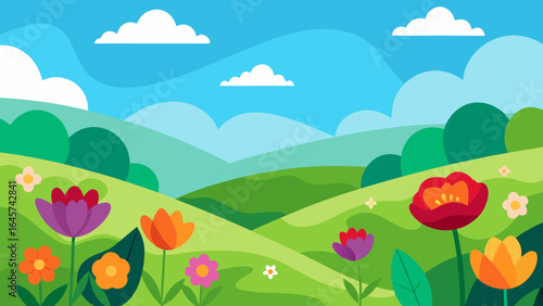 Vibrant Field of Colorful Flowers in Foreground with Lush Green Hills