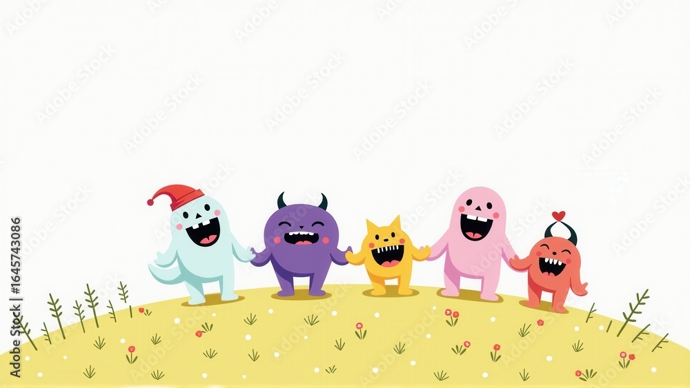 Obraz premium Five cheerful cartoon monsters joyfully hold hands while standing on a vibrant green hillside.