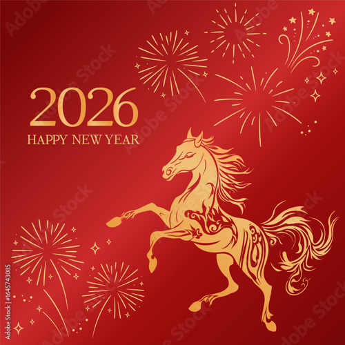 Chinese New Year 2026. Year of the Horse. Golden Horse Chinese Zodiac Symbol with fireworks and stars. Square greeting card or banner design.