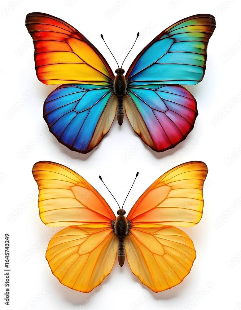 Obraz premium Two colorful butterflies in blue and orange hues