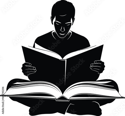 Silhouette of a man reading a book, sitting cross-legged and deeply engrossed in the story, surrounded by knowledge