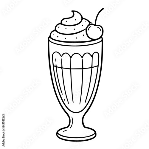 Milkshake dessert outline illustration with whipped cream and straw