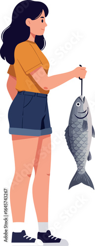 Woman holding large fish caught during fishing activity in casual summer outfit vector illustration 