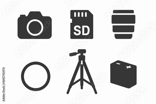 Camera equipment icons set — professional photography tools, SD card, lens, tripod, battery