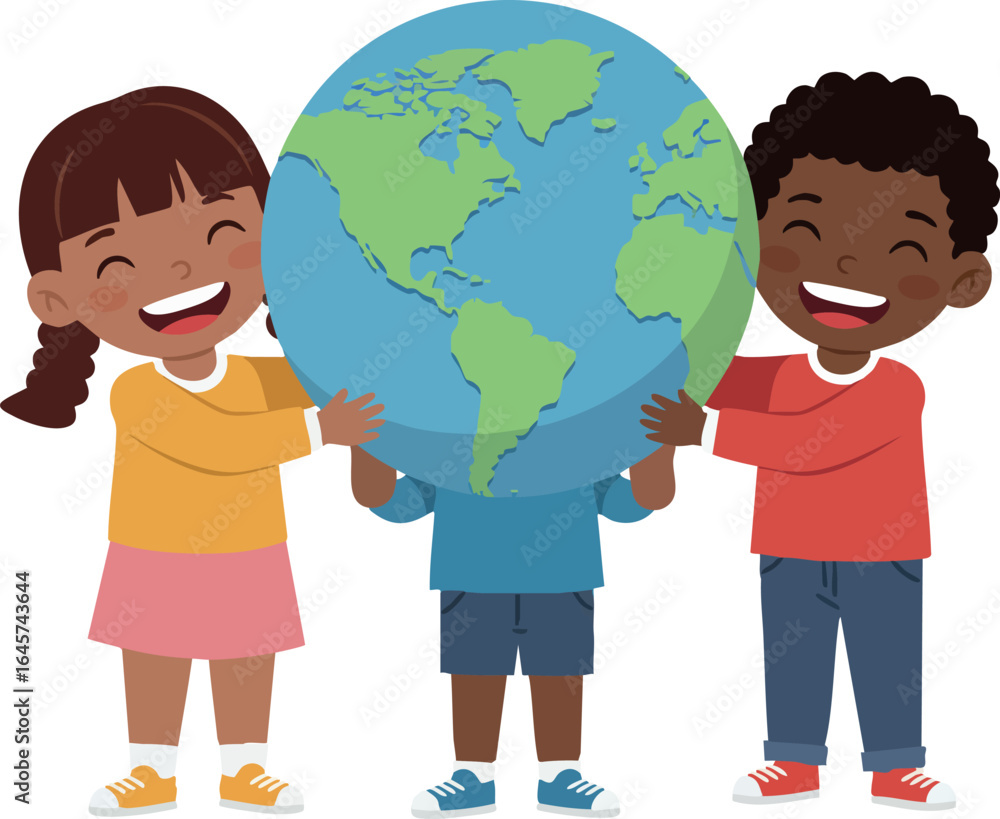 Children holding globe Earth together promoting unity and environmental awareness vector illustration Children holding globe Earth together promoting unity and environmental awareness vector illustration