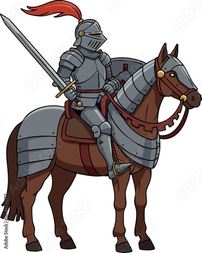Knight in shining armor on brown horse wielding sword medieval warrior vector illustration 