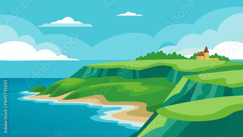 Flat Vector of a Coastline with Green Headlands and Blue Sea