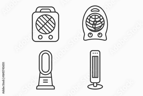 Comfort fan and heater icon set — tabletop heater, floor fan, bladeless fan, tower fan — household appliances in linear outline style